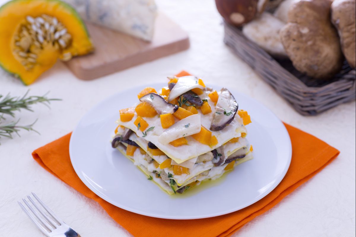 Lasagne mit Steinpilzen, Kürbis und Gorgonzola