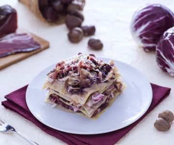 Lasagne mit Radicchio, Kastaniencreme und Speck