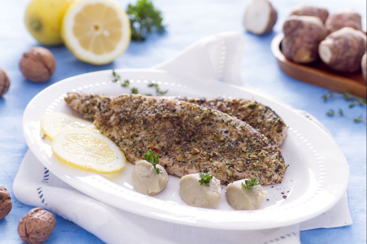 Schwertfisch in Kruste mit Topinamburpüree