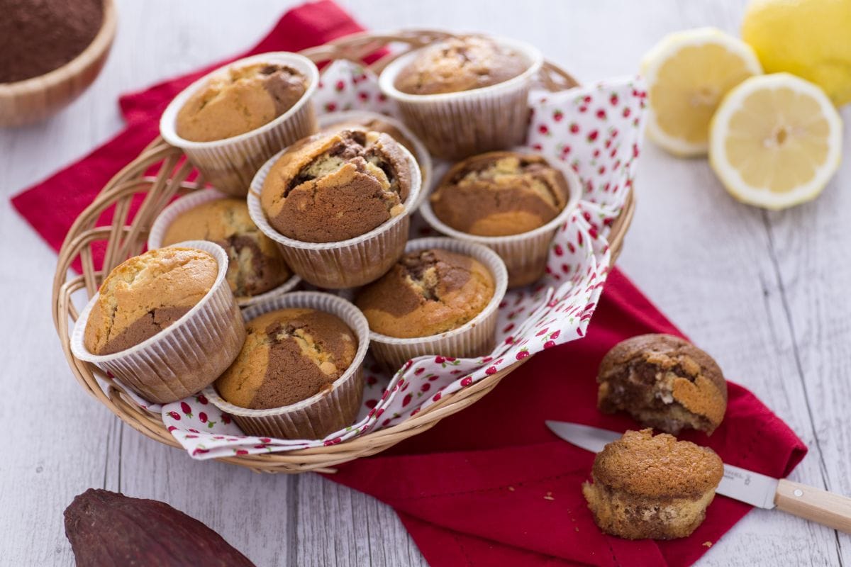 Marmorierte Muffins mit Kakaopulver und weißen Schokoladenstückchen