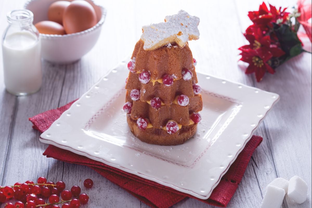 Pandoro-Bäumchen mit Puddingcreme und Johannisbeeren