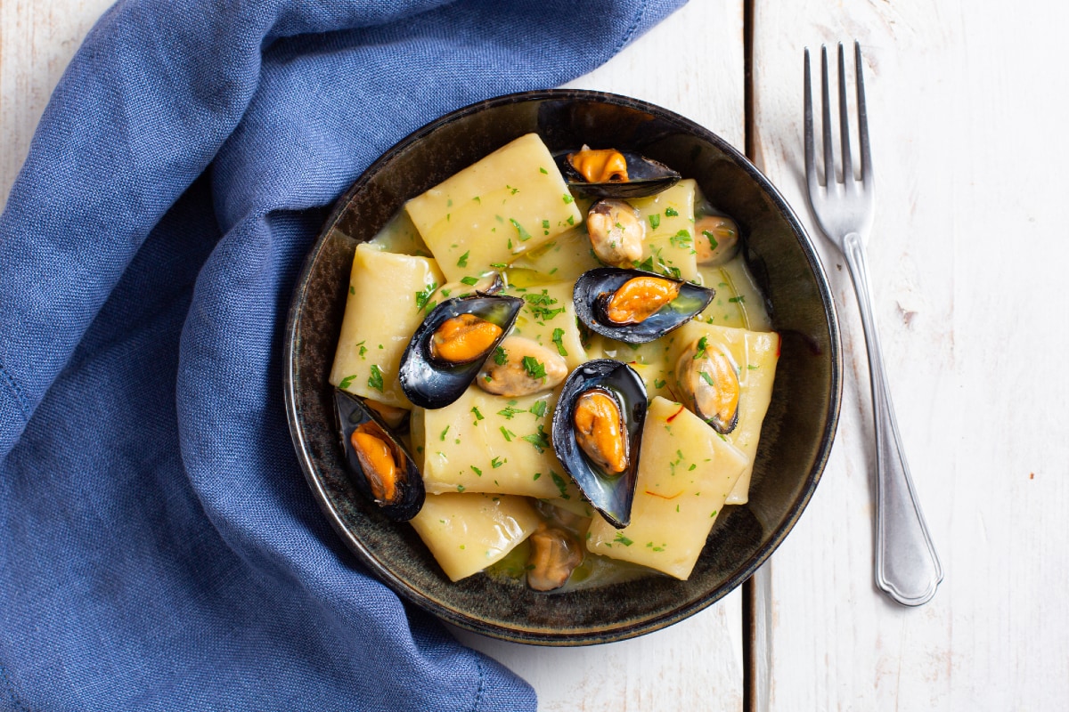 Paccheri mit Kartoffelcreme und Miesmuscheln