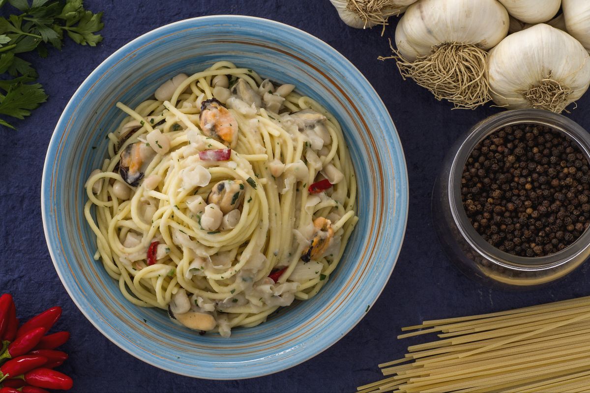 Spaghetti mit Bohnen und Miesmuscheln