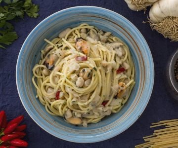 Spaghetti mit Bohnen und Miesmuscheln