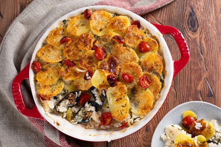 Tiella barese (Reis, Kartoffeln und Miesmuscheln)