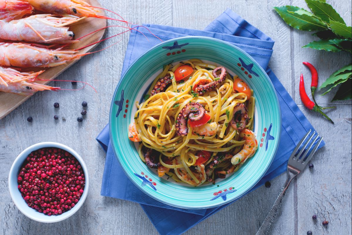 Bavette mit Oktopus und Garnelen