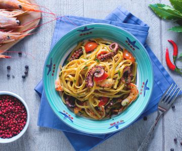 Bavette mit Oktopus und Garnelen