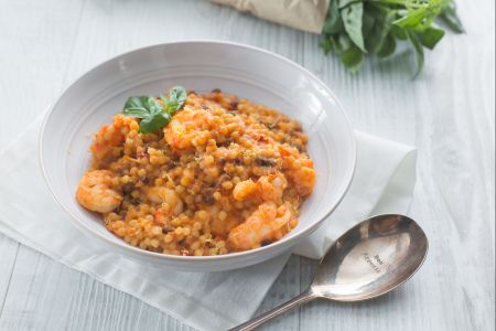 Fregola mit Scampi und Garnelen