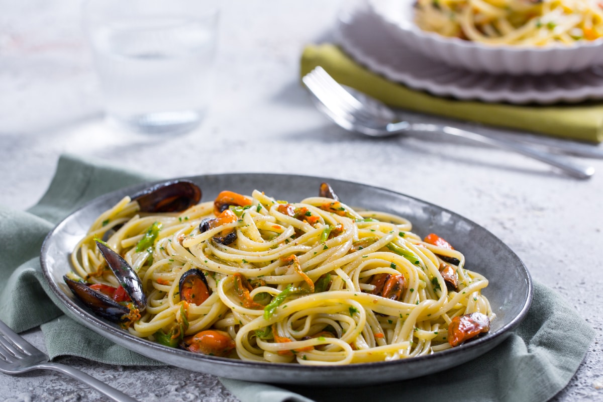 Linguine mit Miesmuscheln und Zucchiniblüten