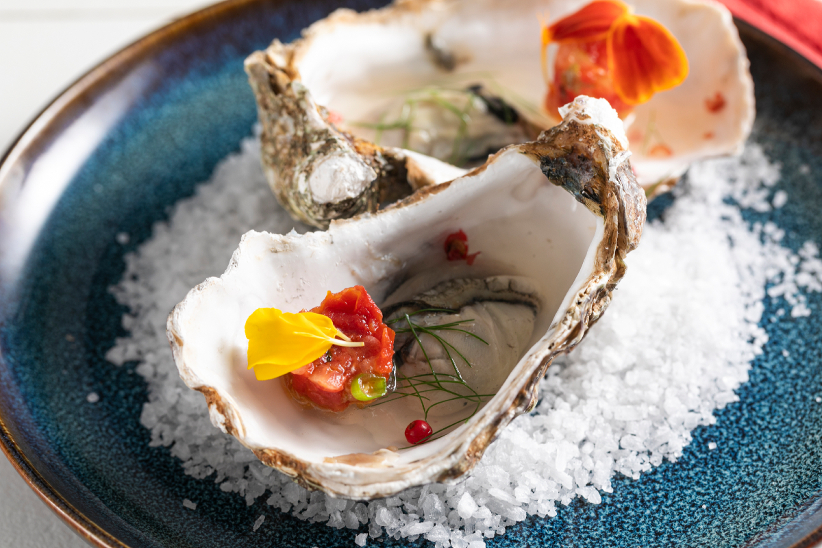 Tomatentatar in zwei Konsistenzen mit Austerngelee