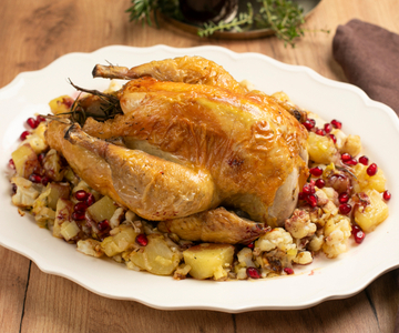 Gebratene Perlhuhn mit Kartoffeln, Blumenkohl und Granatapfel