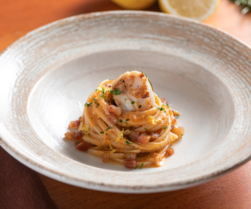 Linguine mit Jakobsmuscheln und Schweinebacke