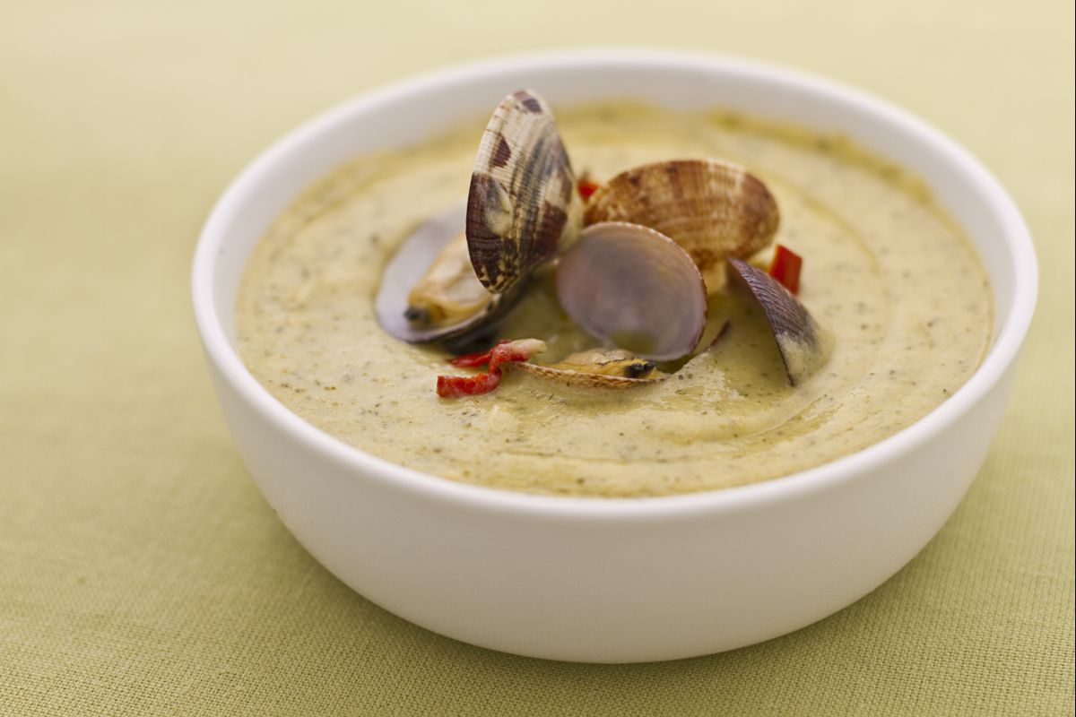 Venusmuscheln auf Zucchinisamtsuppe