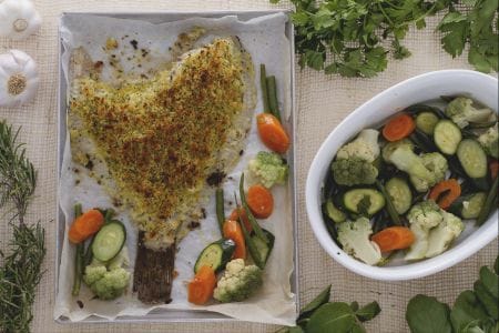 Überbackener Steinbutt mit Gemüse