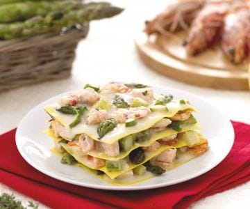 Lasagne mit Lachs, Garnelen und Spargel