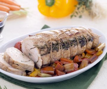Putenbraten mit Sojasaucenreduktion und sautiertem Gemüse